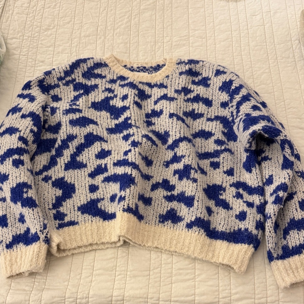 Mother Animal Print Crewneck Cropped Sweater Long Sleeve Blue White Size L